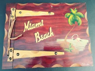 Vintage Miami Beach Wood Photo Album Souvenir Kitchy MCM Florida Palm Flamingo 2