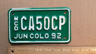 License Plate,  Colorado,  1992,  Motorcycle,  Mcd (motorcycle Dealer) Ca 50 Cp