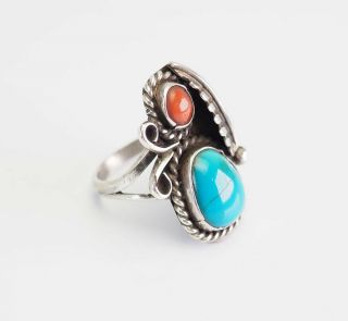 Vintage Handmade Native American Navajo Turquoise Coral Sterling Silver Ring 5.  5