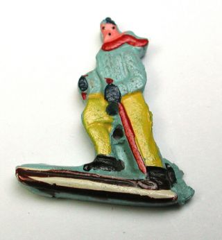 Bb Vintage Carved Wood Button Realistic Man Skiing 1 " Charming