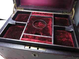 Antique Victorian Red Leather Jewellery Box Fitted Watch Pad & 2 Tray Sections