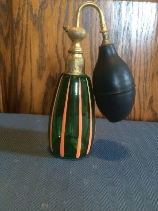 Vintage Perfume Bottle/atomizer Green Glass Orange Stripes 6 " W/glass Straw