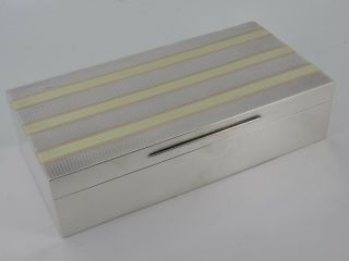 Solid Silver Art Deco Cigar Cigarette Box With Gold Stripes London 1938