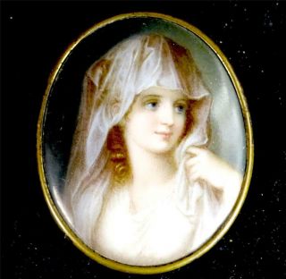Antique German Hand Painted Porcelain Plaque Brooch Girl With Headdress
