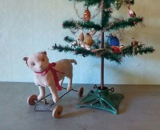 Best Antique Large Christmas Cat Pull Toy Glass Eyes Wood Wheels Aafa