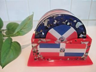 Vintage Red White & Blue Lucite Coasters Abalone Shell Crest Set With Caddy