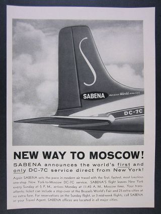 1958 Sabena Airlines Dc - 7c York To Moscow Flight Service Vintage Print Ad