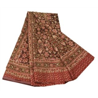 Sanskriti Vintage Saree Bronw Pure Silk Printed Sari Craft Decor Soft 5Yd Fabric 2