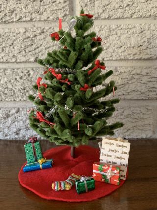 Vintage Dollhouse Miniature Christmas Tree With Tree Skirt,  Wreath And Gifts