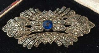 Vintage Art Deco Jewellery Gorgeous Marcasite And Sapphire Blue Crystal Brooch