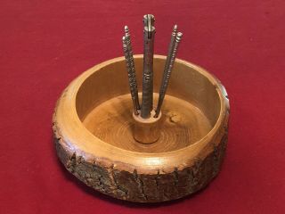 Vintage Wooden Nut Bowl Tree Rings Bark With Hmq Nut Cracker And 4 Picks