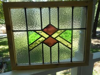 V131 - Jy Older English Leaded Stained Glass Window " Double Diamonds " Reframed