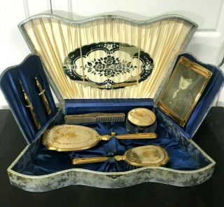 Vintage Art Deco Dresser Vanity Set Brush Mirror Powder Jar Comb Travel Box