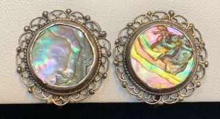Vintage Silver Made In Mexico Abalone Pretty Round Clip On Earring Set