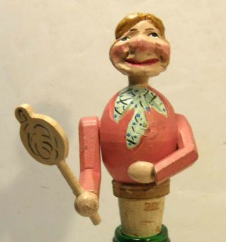 Vintage Carved Wood Mechanical Bottle Stopper Figural Woman Rug Beater Anri Era