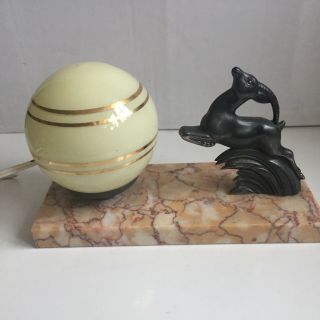 Vintage French Art Deco Style Marble Table Lamp Light Leaping Deer & Shade
