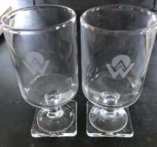 Set Of 2 America West Airlines 1st Class Wine/juice Glasses W/ Logo Square Base