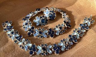 Vintage Crown Trifari Blue Rhinestone Bracelet & Earrings For Repair