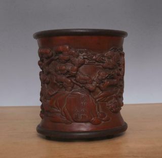 Shenqian Signed Antique Chinese Carved Figures Bamboo Brush Pot