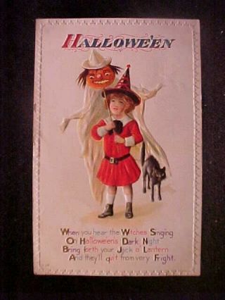 Halloween,  Nash H - 14 Series,  Girl In Witch Costume,  Black Cat,  Vintage Postcard