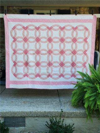 (299) Wonderful Vintage Pink Double Wedding Ring Hand Stitched Quilt