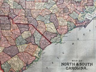 Authentic 1889 Color Map Michigan & North & South Carolina 2 - Sided Large Rare