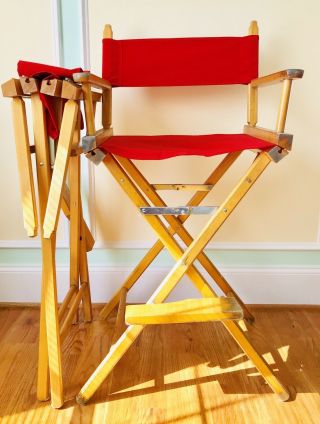 Tall Vintage Folding Movie Director Chair Wood Frame Foot Rest (2) Two