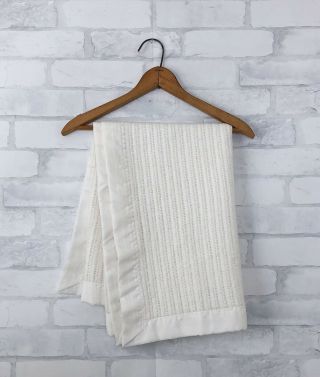 Vintage Esmond White Acrylic Baby Blanket Open Waffle Weave Nylon Edge Air Loom