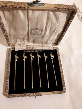 Cased Set Of Six Art Deco Sterling Silver Cockerel Mounted Cocktail Sticks