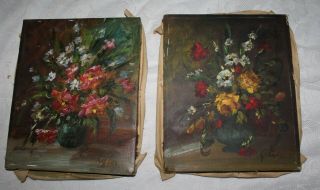 2 Vintage Antique Floral Oil? Paintings On Canvas Signed