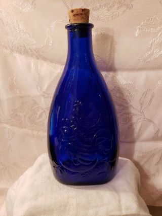 Vintage 1972 Cobalt Blue Glass Seasons Greeting Bottle With 3 French Hens W/cork