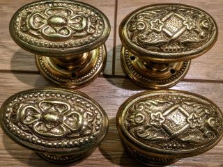 4 Vintage Decorative Brass Door Knobs Handles 2 Pairs