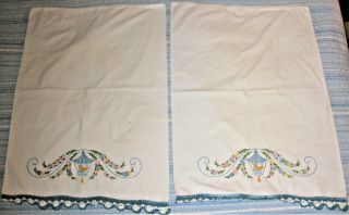(2) Two Vintage Hand Made Embroidered 30x21 Flowery Cotton Pillow Cases