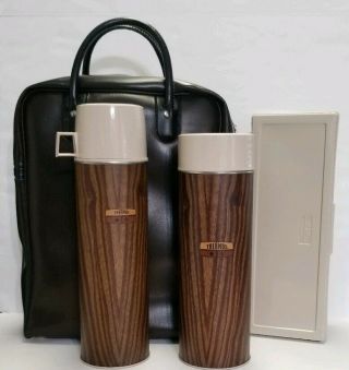 Vtg Vacuum Thermos Set Of 2 Wood Grain W Plastic Lunch Box Picnic Carry Bag,  Usa