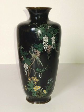 Antique Japanese Meiji Cloisonne Silver Wire Vase With Wisteria Flowers,  Vines