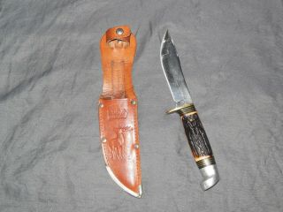 Vintage Western H - 66 Fixed Blade Knife W/ Sheath And Bone Handle,