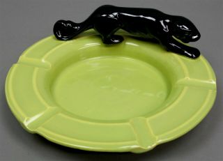Art Deco Royal California Pottery Black Panther On Large Green Ashtray As - Is