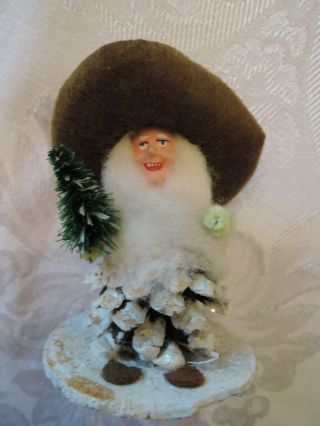 Fantastic Vintage German Christmas Pinecone Gnome With Mica,  Composition Face