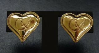 Vtg Christian Lacroix Paris Heart Shaped Signature Gold Tone Metal Clip Earrings