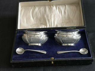 Cased Pair Art Deco Solid Silver Open Salts Boat Form Fluted John Rose 1922