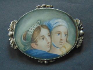 Antique Miniature Portrait / Painting Of Two Young Girls In Silver Pin / Brooch