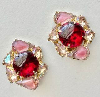 Signed Garne Vintage Ruby Red Pink Givre Glass Flower Pear Ab Clip Earrings 21