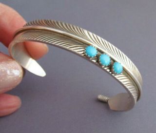 Vintage Old Pawn Sterling Navajo Cc Turquoise Feather Cuff Figural Bracelet