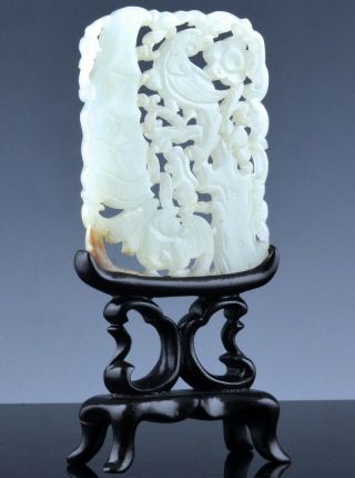 Fine Antique Chinese Carved Light Celadon Jade Parrot Bird & Bat Pendant Plaque