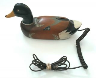 Vtg Telemania Duck Phone Hand Painted Carved Wood Eyes Light Up
