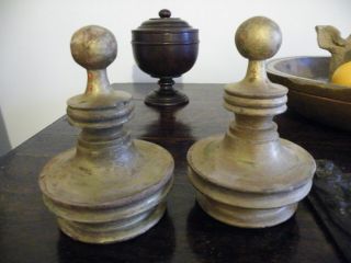 A Fine Matching Large Antique Crisp Turned Wood Curtain Pole Finial/ends