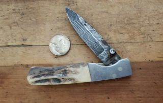 Vintage German Parker Stag Folding Knife Damascus Linerlock Sambar Folder Steel