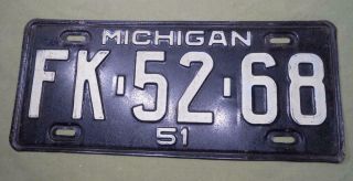 Vintage 1951 Michigan License Plate Fk 5268 Water Wonderland Hot Rat Rod Nr