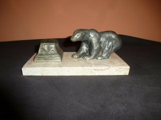 A French Art Deco Spelter Polar Bear & Marble Ink Well