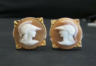 Large Vintage Greek Roman Warrior / Soldier Carved Shell Cameo Cufflinks